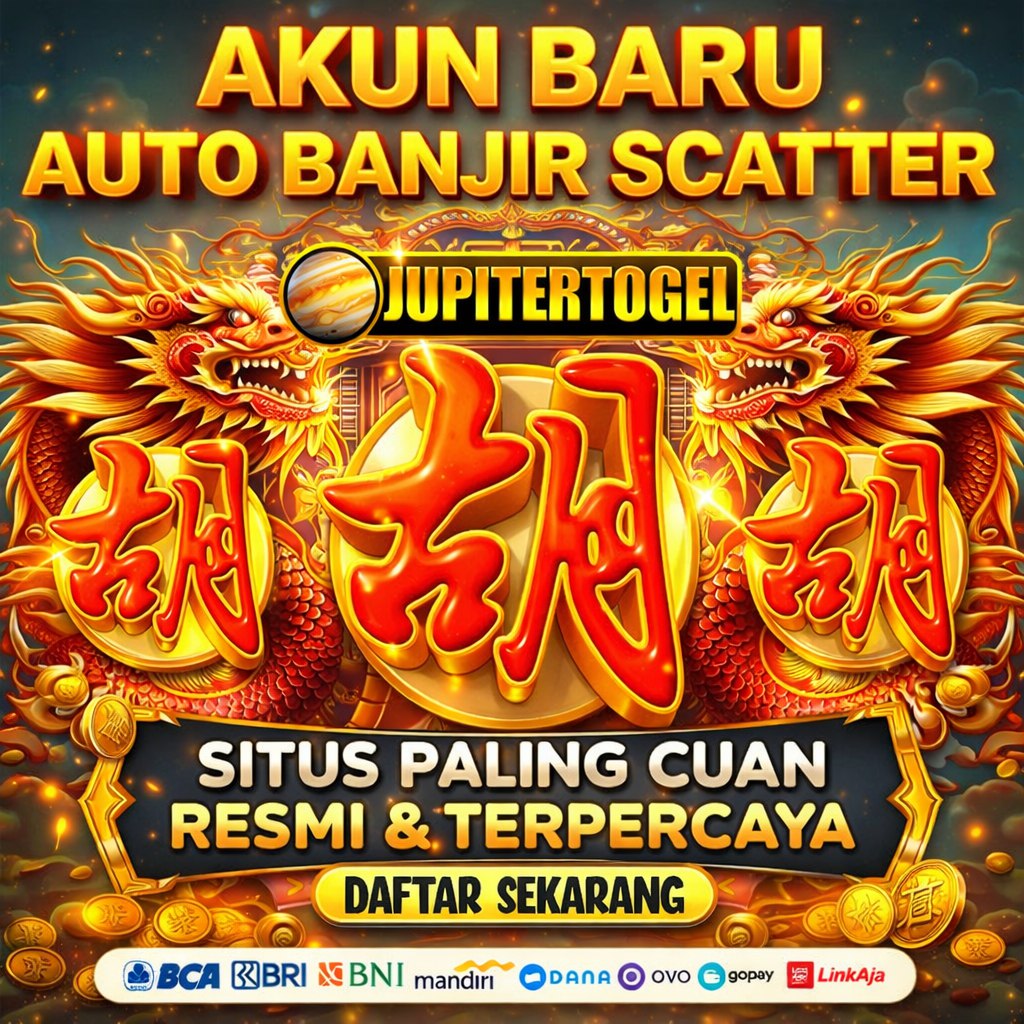 Poster pendaftaran JUPITERTOGEL dengan naga emas dan simbol Mahjong